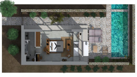 Tropical Family Room with Shared Pool